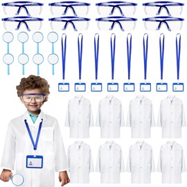 Youdaju 8 Set 32 Pcs White Kids Lab Coats Bulk Included Goggle Magnifying Glass ID Card Doctor Scientist Costume for Kids Lab Coat Children Dress Up for Boys Girls Science Project Career Day Role Play