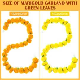 Giegxin 4 Pcs Marigold Garland with Green Leaves, 5 ft Long Strands Artificial Marigold Flowers, Indian Decor for Wedding, Christmas, Events, Orange and Yellow