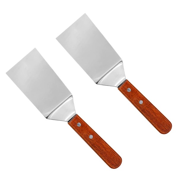 BESTonZON 2pcs Grill Spatula Stainless Steel Large Burger Smasher Turner Scraper Pancake Flipper Great for Grill and Flat Top Griddle Wooden Handle