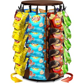 Chip Rack Display Stand, 2025 New 5 Tier 40 Clips Snack Organizer with Rotating Wooden Base, Chip Holder Candy Display for Countertop, Concession Stand, Party, Retail, Office Snack Display Rack, Brown
