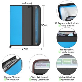TRANBO 13 Pockets Expanding File Folder with Zipper Closure, A4 Plastic Document Wallet Organizer with Handy Front Pocket for Personal Office Stationary Storage - Blue