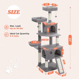 UYMI 64-Inch Large Cat Tree for Indoor Cats, Multi-Level Tall Cat Tower with 2 Soft Top Perches, 2 Caves, 5 Sisal Scratching Posts, 2-in-1 Scratching Ramp, 1 Hammock & 3 Pompoms, Grey
