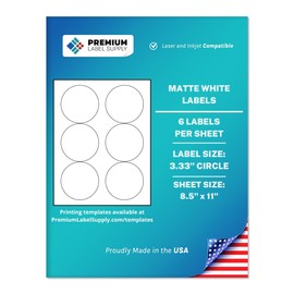 Premium Label Supply White Sticker Round Labels – 3.33" Circle – Laser/Inkjet Compatible – (6 Labels/Sheet), 25 Sheets – 150 Total Adhesive Labels