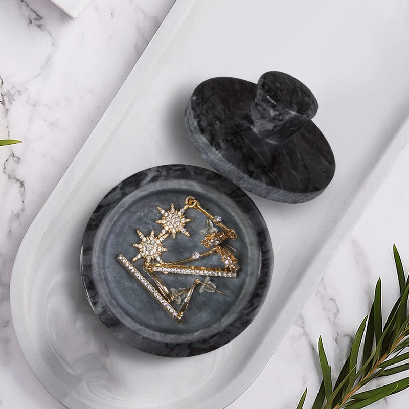 HESHIBI Marble Salt Cellar with Lid, White and Black Stone