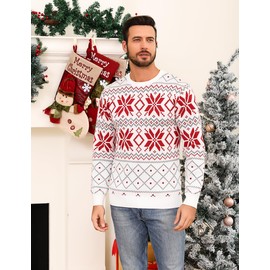 Uniexcosm Men's Christmas Jumpers Warm Xmas Sweaters Reindeer Knit Pullover Top Snowflake Sweatshirt Knitwear White