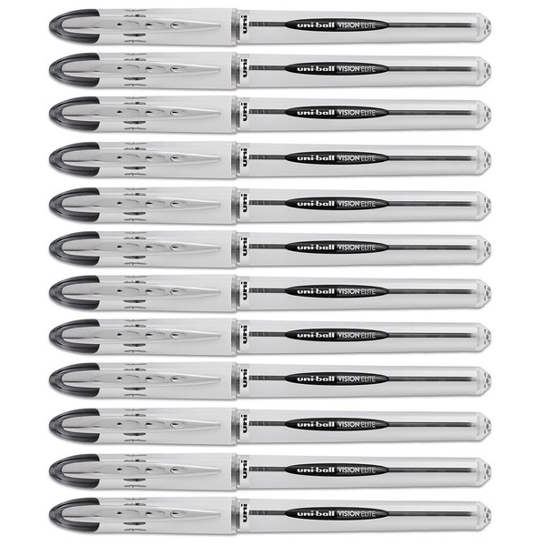 Uni-Ball Vision Elite Stick Roller Ball Pens .08mm, Black Ink, 12 Pens