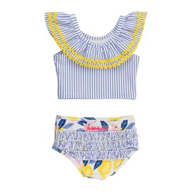 RuffleButts Baby/Toddler Girls UPF50+ Ruffle Tankini 2-Piece Swimsuit - Lemon Capri, 18-24m
