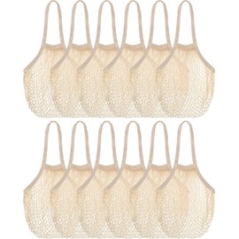 Eccliy 12 Bolsas de Malla Lavables Bolsas de Red Beige Bolsas de Supermercado Bolsa Tote de Algodón Bolsas Estéticas Portátiles Reutilizables con Asas Bolsa de Hilo para Frutas Verduras Compras