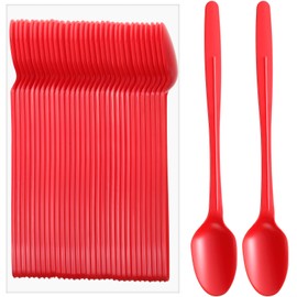 Potchen 50 Pcs Long Spoons for Ice Cream Floats Plastic Sundae Spoons Bulk 8 Inch Long Handle Spoon Heavy Duty for Ice Cream Milkshakes Tea Cocktails and Tall Ice Beverages (Red)