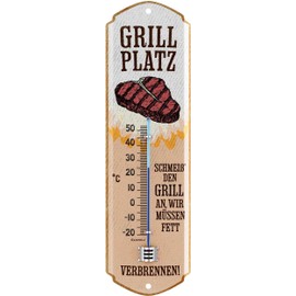LANOLU Retro Thermometer Grill Area – Grill Sign Garden Outdoor – Decorative Garden Vintage Signs – Tin Sign Grill Gifts Sign Metal Analogue Thermometer 8 x 28 cm