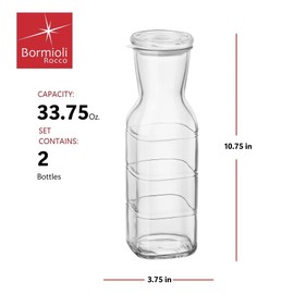 Bormioli Rocco Frigoverre Future Carafe Set of 2-33.75 Oz. Glass Bottles with Silicone Gasket Seal & Multi-Use Lid for Water, Juice & Wine Serving - Freezer to Microwave Safe, Made in Italy