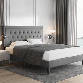Allewie Queen Size Upholstered Platform Bed Frame with Adjustable Headboard, Button Tufted, Wood Slat Support, Easy Assembly, Light Grey