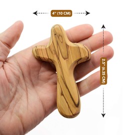 4" Hand Held Olive Wood Clinging Cross from Bethlehem in Pouch (Certified) - Fine Prayer Comfort Holding Wooden Cross - Hand Held Palm Size Christian Gift for Clutching