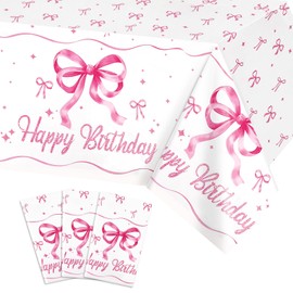 PHOGARY Coquette Birthday Party Decorations 3pcs Pink Bow Tablecloths, Girls Women Pink Bow Birthday Party Decorations Table Cloth, Disposable Plastic Coquette Tablecovers