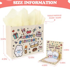 Kecorax 2 Pack Birthday Gift Bags for Kids with 4 Tissue Paper and 2 Cards, 12.6" Large Gift Bags for Boys and Girls Presents, Birthday, Party, Celebration (Purple-Yellow)