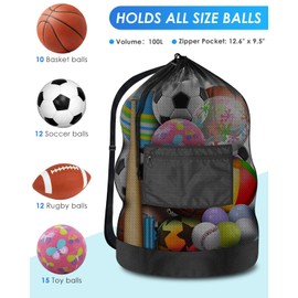Heavy Duty Soccer Ball Net Bag(100L Extra Large Capacity 10-12Balls), Drawstring Mesh Ball Bag with Zipper Pocket, Sports Equipment Storage Organizer Hold for Gym, Beach, Cloth, Swimming Gears (1)