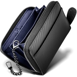 GRACE Men's Coin Purse, Wallet with Key Chain, Genuine Leather, Cowhide Leather, Carbon Leather, Coin Case, Card Case, Large Capacity, Round Zipper, Small, Grace, navy