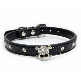 Pimaodog Cute Dazzling Sparkling Elegant Fancy Skull Diamond Crystal Rhinestone Leather Small Pet Dog Cat Collar Puppy (S:21-27CM, Black)