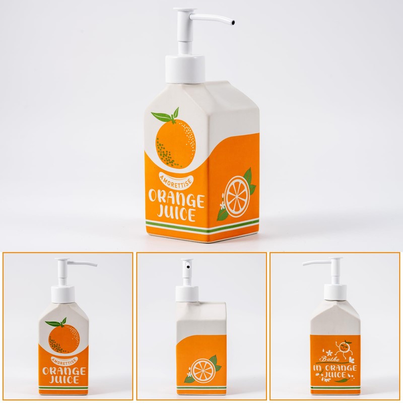 Amorettise Ceramic Orange Juice Bottle Soap Dispenser, Refillable Lotion Pump