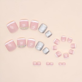 24Pcs Short Press on Toenails Square Fake Toe Nails Glossy Toe Nail Press ons French Tip Toe Press on Nails with Rhinestone Design Nude Press on Toenails for Women Girls