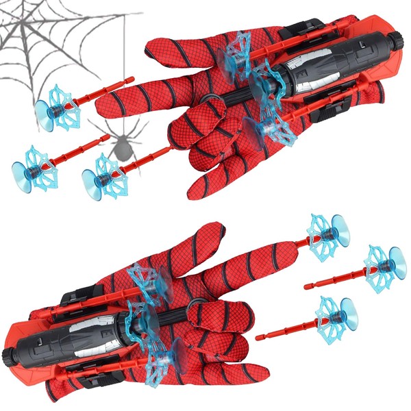 Spider Web Shooting Gloves, ACTOYS Set of 2 Launcher Glove + 2 Cosplay Gloves for Children + 6 Suction Darts, Spider Child for Toy Gifts Halloween Dress Up Games