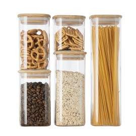 GC GENICOOK Glass Food Storage Jars,Spaghetti Pasta Storage Container,Borosilcate Glass Canister Set with Eco-Friendly Bamboo Lids for Noodles Flour Cereal Coffee Beans - 10 pc set