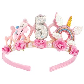 SuPoo 5th Birthday Headband Flower Birthday Crown for Girls 5th Birthday Decorations for Girl Pink Hair Band Cute 5 Year Old Princess Tiara Birthday Party Decorations Accessory Gift