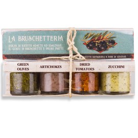 4 Pack, Bruschetta Set "La Bruschetteria" 1.3 oz each, Tomato Chopped, Artichokes, Sun-Dried Tomato, Smooth Zucchini Bruschetta Topping, Artigiani dei Sapori