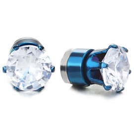 Mens Womens Blue Magnetic Cubic Zirconia Stud Earrings, Steel, Non-Piercing Clip On Cheater Fake Ear