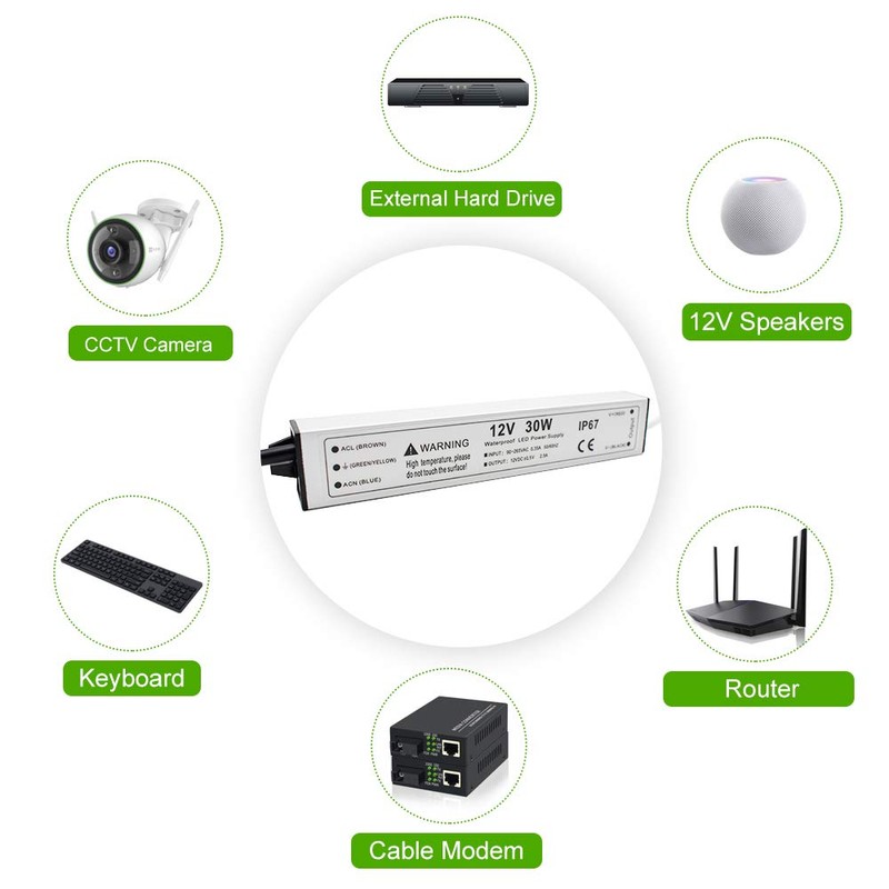 30W 12 Volt LED Power Supply, Waterproof IP67 LED Driver,