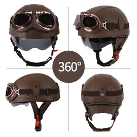 Vintage German Leather Motorcycle Half Helmet, DOT Approved Adult Men Women Half Face Motorcycle Helmets, with Goggles and Visor, for Bicycle Cruiser Scooter Chopper(Brown,M(57~58cm))