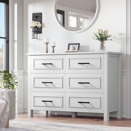 YITAHOME 6-Drawer Dresser with Built-in Power Outlet, Wood Dresser TV Stand with 6 Large Drawers and Bar Handles, White Dresser Chest of Drawers for Living Room, Hallway, Entryway