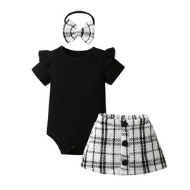 Infant Baby Girls Summer Dress Ruffle Short Sleeve Black Tops A-line Plaid Skirt Headband 3pcs Outfits Set 12-18 Months