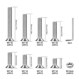 260 Piece M5 Screws Set, Countersunk Screws Nuts Set, Allen Screws and Nuts Set, Stainless Steel Machine Screws Set, Cylinder Screws with Nuts Assortment Kit, Threaded Screws (M5)