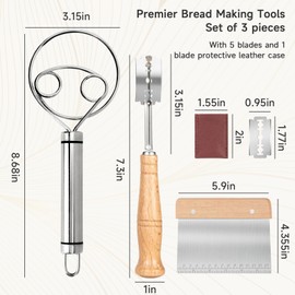 Dkoyied Hand Crafted Bread Lame Premium Sourdough Scoring Tool Bread Making Tools Set of 3 pieces Bread Knife(5 Blades) with Danish Dough Whisk and Dough Scraper Bread Cutter