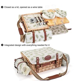 Multifunctional Wicker Picnic Basket Set for 4 with Blanket and Picnic Table, Insulated Picnic Set with Full Tablewares for Camping Outdoor Couples,Leaf