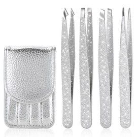 FungChoi Eyebrow Tweezer Set, 4-Pcs Professional Stainless Steel Tweezers for Men and Women, Precision for Eyebrows, Ingrown Hair, Facial Hair, Lash Extension (Bright Silver)