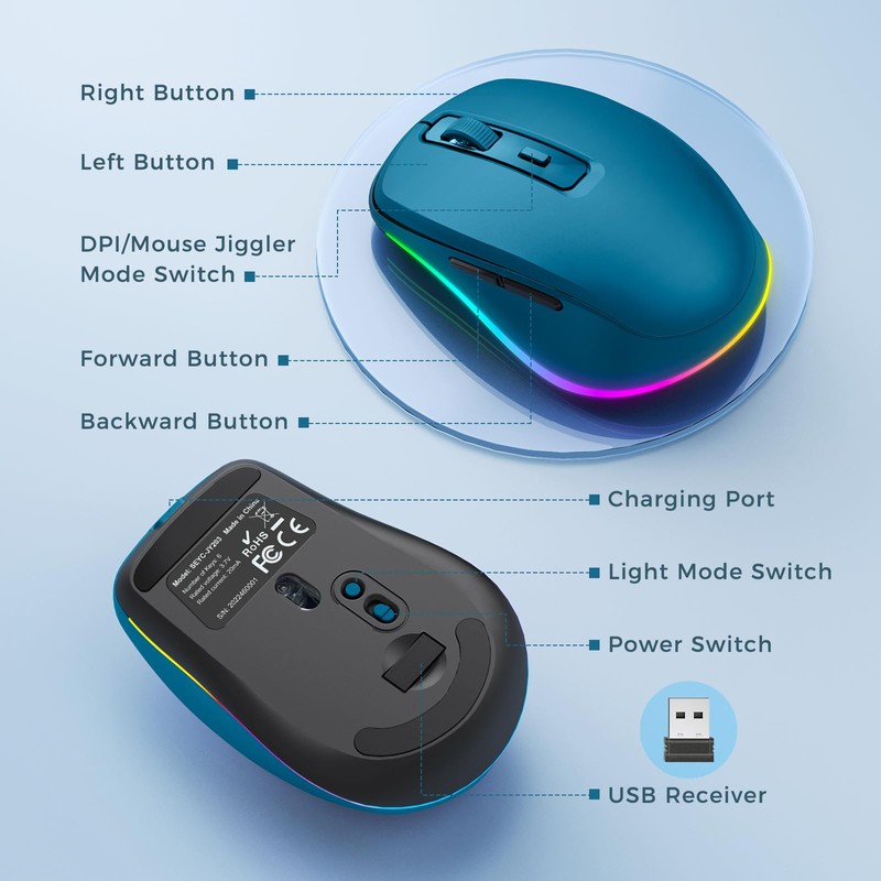 PEIOUS Wireless Mouse Jiggler - LED Wireless Mice with Build-in