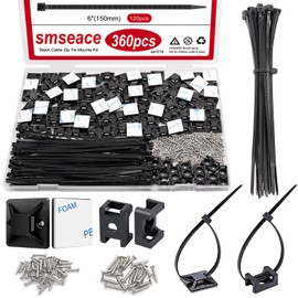 smseace 360Pcs Strong Back-Glue Self Adhesive Black Cable Zip Tie Mounts Kit with 6inch Zip Ties and Screws, UV Protection Outdoor Sticky Wire Fasteners Cable Clips Management