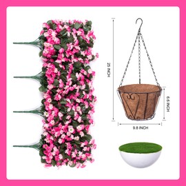 Ammyoo Artificial Flowers in Hanging Basket for Outdoors Indoors Decor, Artificial Mums Bush Flowers Plants with Baskets for Home Porch Garden Yard Patio Spring Summer Decoration(Twin Pink)