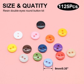 OELFFOW Round 2 Holes Craft Buttons, 1125Pcs 0.35 Inch(9mm) Sewing Buttons, 15 Colors Resin Buttons, for Sewing Children Sweater DIY Crafts Scrapbooking Children's Manual Project
