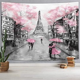 Drgilau Oil Painting Paris Pink Tapestry Wall Hanging, Pink and Black Wall Tapestries, Eiffel Tower Pink Aesthetic Romantic Wall Art Tapestries for Woman Teen Girl Bedroom Living Room Home