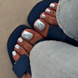 IMRAIN Blue Press on Toenails Short Square Fake Toe Nails Glossy Acrylic Chrome Glue on Toenails 12 Sizes - 24 Toe Nail Kit with Glue