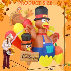 7.5FT Long Thanksgiving Inflatable Turkey Decoration Giant Blow Up Turkey Inflatables Outdoor Yard Decorations with Built-in LED Light Happy Fall Family Holiday Indoor Outside Lawn Decor