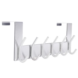 SKOLOO Over The Door Hook Hanger- 6 Hooks, Stainless Steel Door Hook, Over Door Rack for Hanging Coats Clothes Hats Robes, Silver