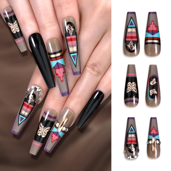 Butterfly Coffin Nails Ethnic Brown French Tip Geometry Glitter Charm