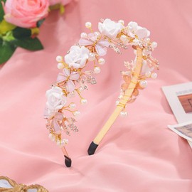 Woeoe Flower Wedding Hair Band Gold Crystal Headband Pearl Beaded Birthday Party Prom Headpiece Hair Accessories for Bride and Bridesmaid