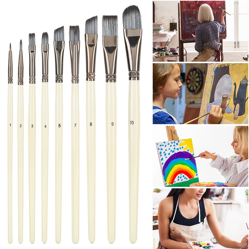 10pcs Nylon Hair Gouache Artist Paint Brush Portable Oil Painting