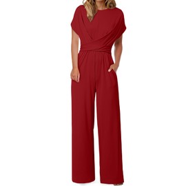Happy Sailed Dressy Jumpers for Women Loose Casual Short Sleeve Belted Wide Leg Pant Romper One Piece Jumpsuit for Cocktail Party with Pockets Red Large