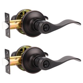 Probrico 2 Pack Keyed Alike Entry Door Lever [Lock with 3 Combo Keys],Locking Door Handle for Office or Front Door,Oil Rubbed Bronze Wave Entrance Door Lock, Reversible Right & Left Side Handed